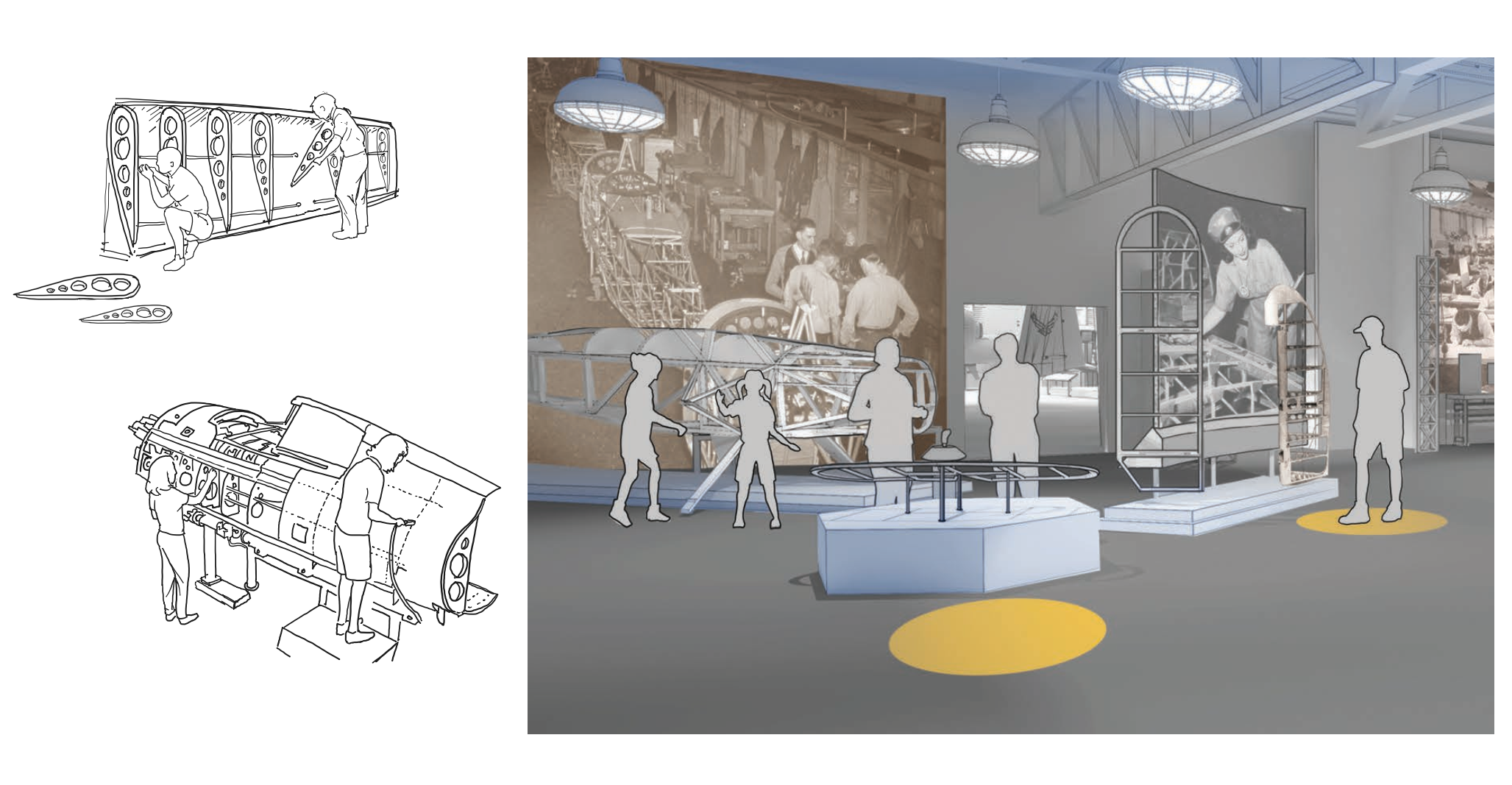 artist depiction of the completed interior of Hagerstown Aviation Museum with people and displays