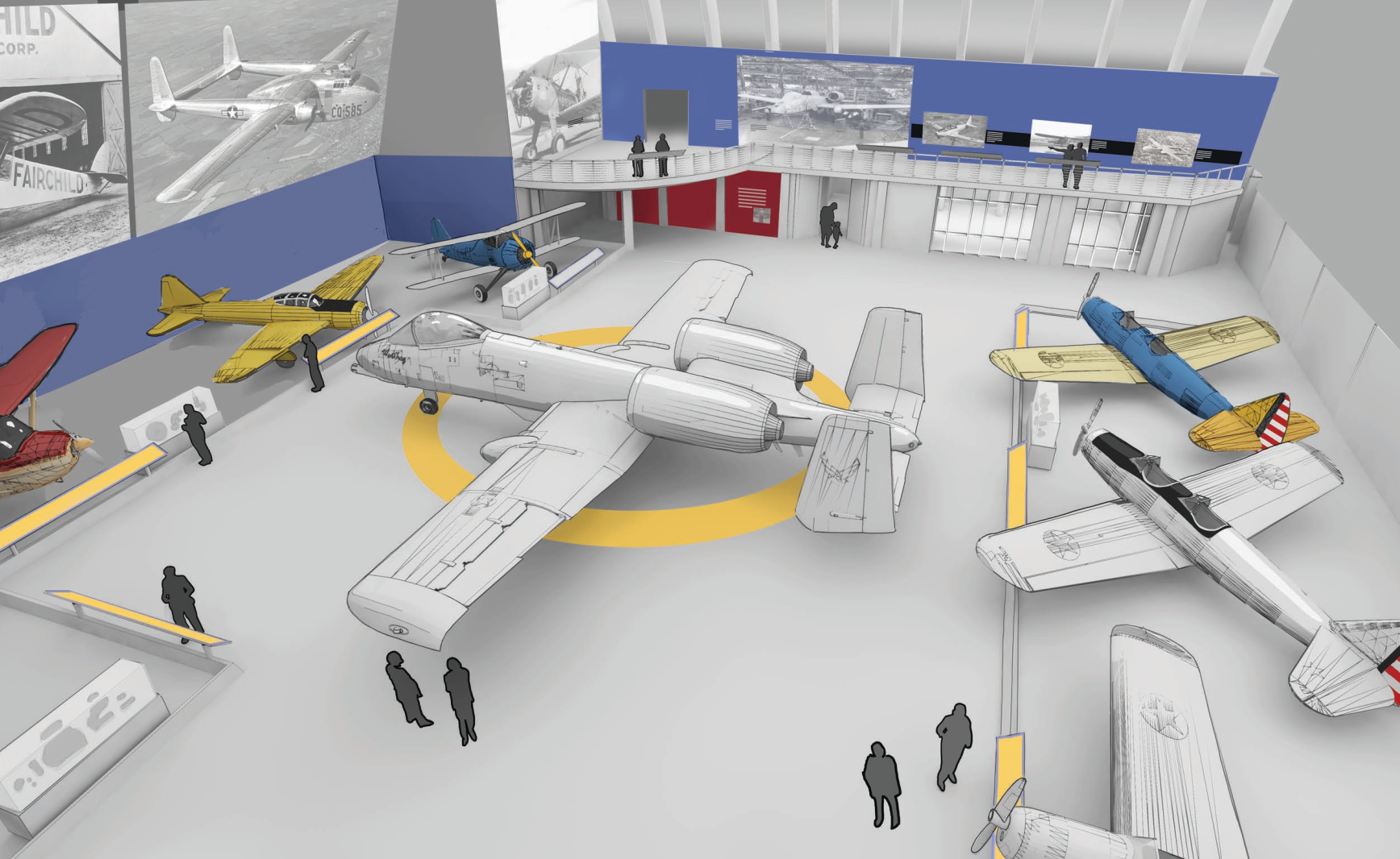 artist depiction of the completed interior of Hagerstown Aviation Museum with planes and people